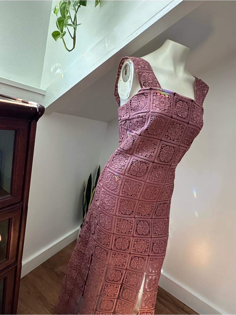 Just Me Mauve Crochet Maxi Dress with Square Neck - Picture 2 of 11